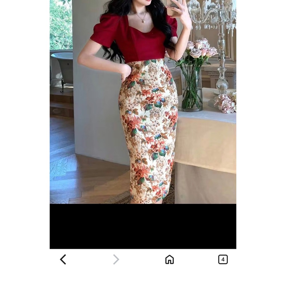 Dazy Dark Red Square Neck Puff Sleeve Floral Tapestry Bodycon Dress Large
